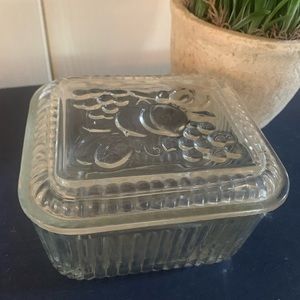 Vintage Federal Glass Ribbed Refrigerator Dish Lid Fruit Design Food Storage